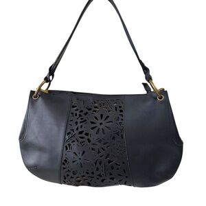 Via Spiga Yvette Black Laser Cut Genuine Cow Leather Elegant Shoulder Bag Rustic